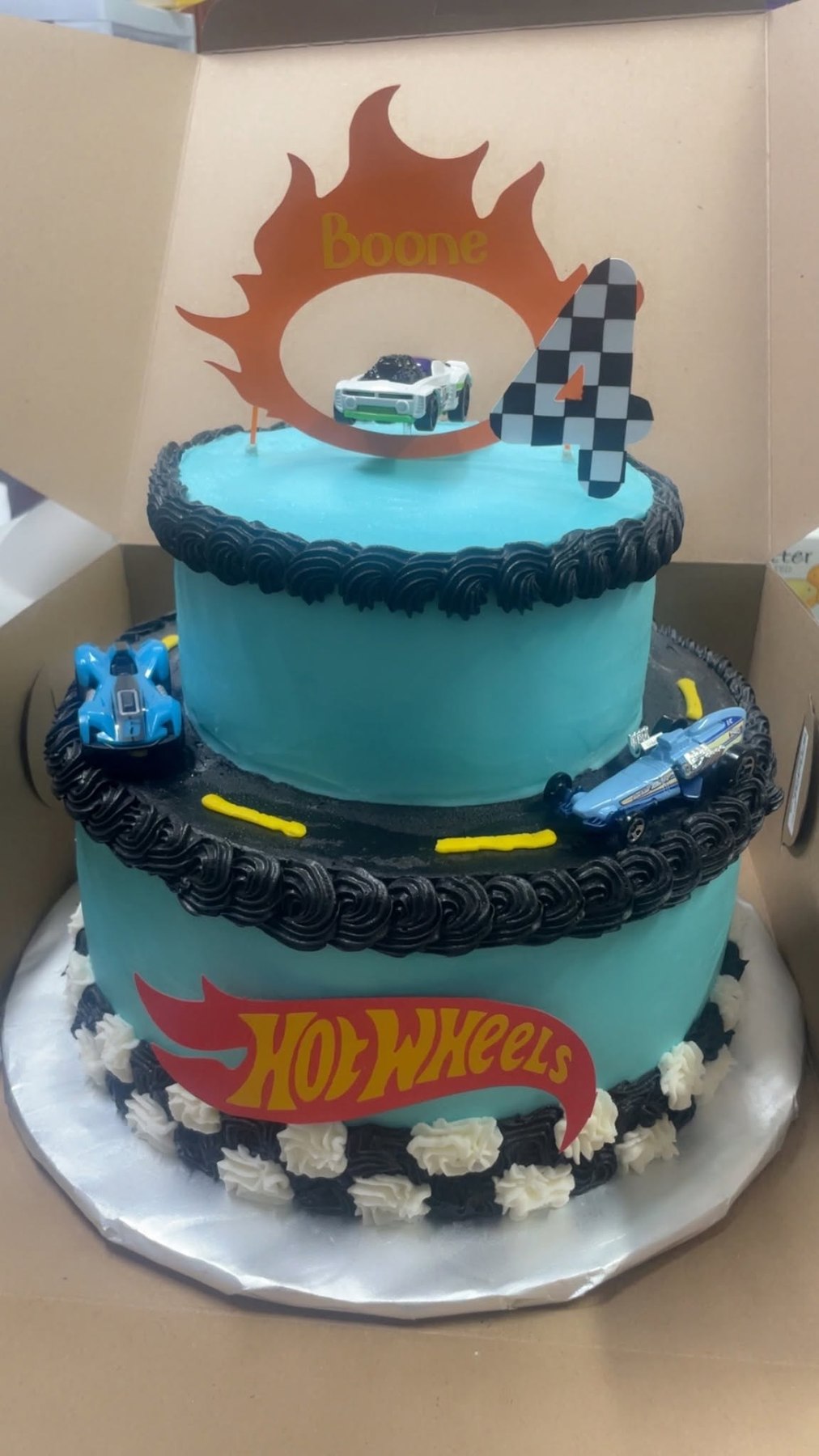 Two-tier Hot Wheels themed birthday cake